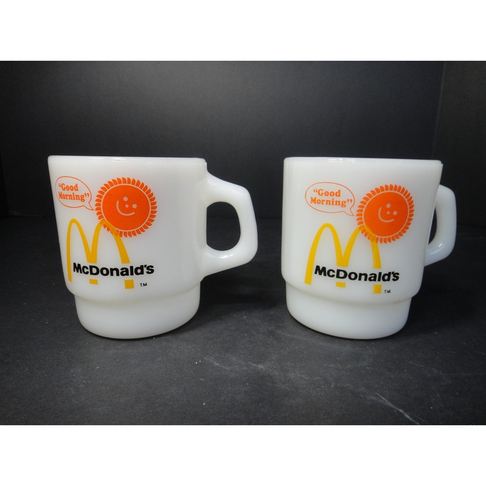 Vintage Fire-King McDonald's Good Morning Milk Glass Mugs Set of 2 USA Made EUC